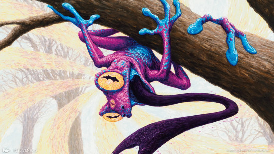 A pink and blue frog with yellow eyes and a black tongue hangs from a branch, the mascot for the latest round of MTG Arena monetisation