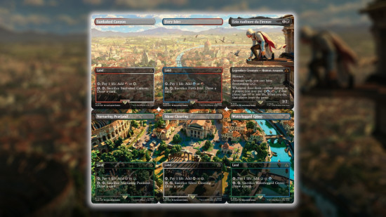 MTG Assassin's Creed Rome panorama cards - Wizards of the Coast image showing the six Universes Beyond cards completing the panorama spread of Rome from Assassin's Creed