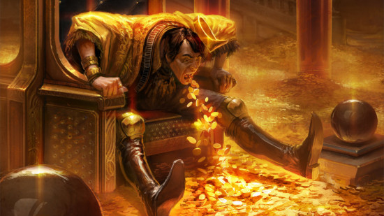 MTG card art for Greed, a man sitting on a throne vomiting gold, illustration by Izzy
