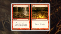 The split MTG card Boom // Bust, a pair of red sorceries on one card that both destroy lands