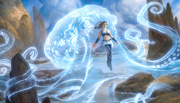 MTG card Octopus Umbra - a woman levitates within the glowing aura of an octopus