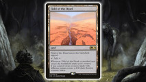MTG card Field of the Dead, a land card that depicts a desert ravine from which two zombies are crawling