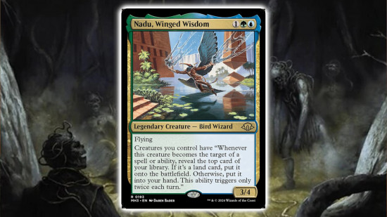 MTG card Nadu, Winged Wisdom, a bird person with an ibis head flies over a pond of lilies, water magic blasting from his hands