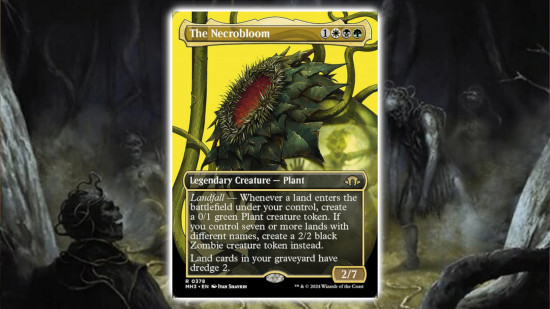 MTG card The Necrobloom, a huge, sinister looking sunflower organism on a yellow background