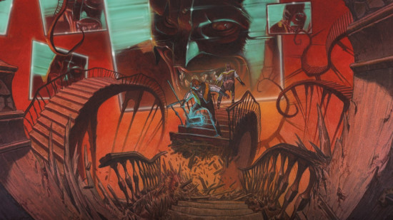 MTG Duskmourn art showing a staircase collapsing 