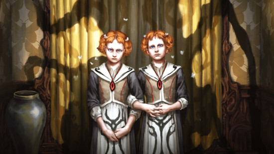 MTG Duskmourn art showing a pair of twins from The Shining.