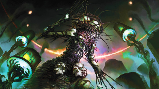 MTG Duskmourn art showing wicker person.