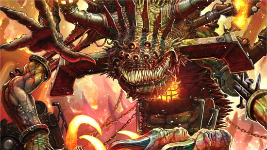 MTG Duskmourn art showing a smiling boiler demon with lots of eyes and teeth