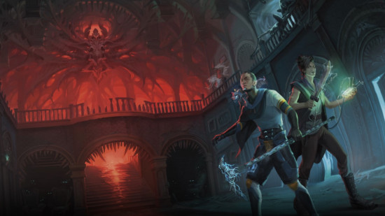 MTG Duskmourn art showing two characters standing back to back in a very haunted lobby
