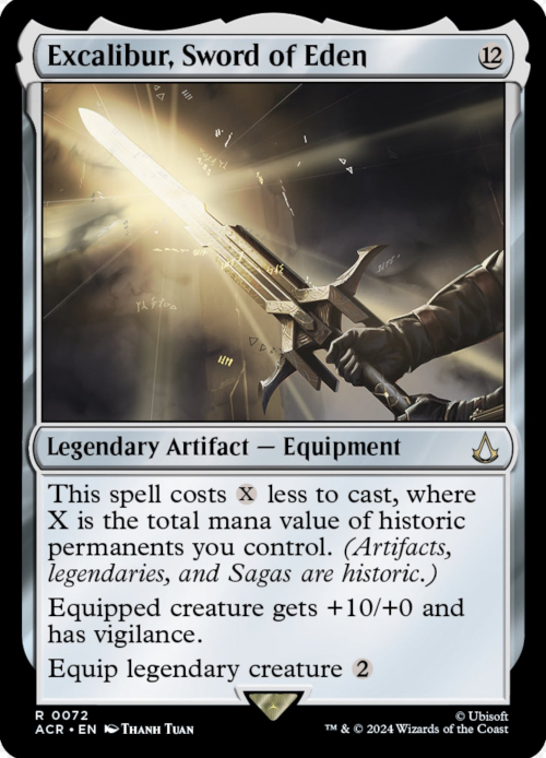 MTG Excalibur Assassin's Creed card reveal - Wizards of the Coast image showing the new Excalibur, Sword of Eden card