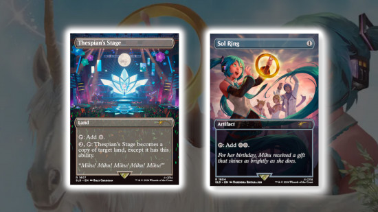 MTG second Hatsune Miku Secret Lair drop sells out - Wizards of the Coast image showing the Hatsune Miku cards Sol Ring and Thespian's Stage, on a background of MTG art