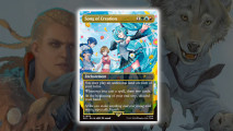 MTG second Hatsune Miku Secret Lair drop sells out - Wizards of the Coast image showing the Hatsune Miku card Song of Creation, on a background of 2024 Summer Super Drop art