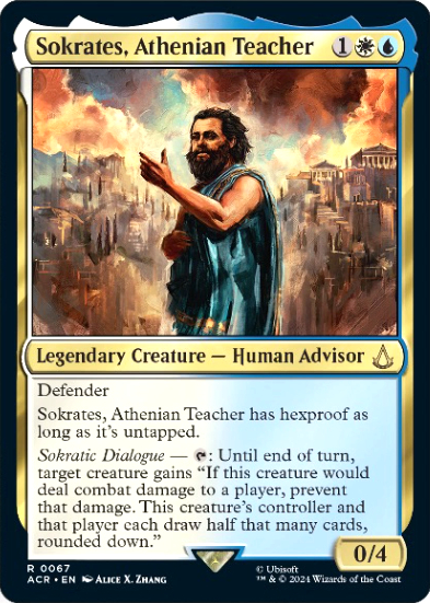 MTG Sokrates Assassin's Creed card - Wizards of the Coast image showing the full regular card for Sokrates, Athenian Teacher