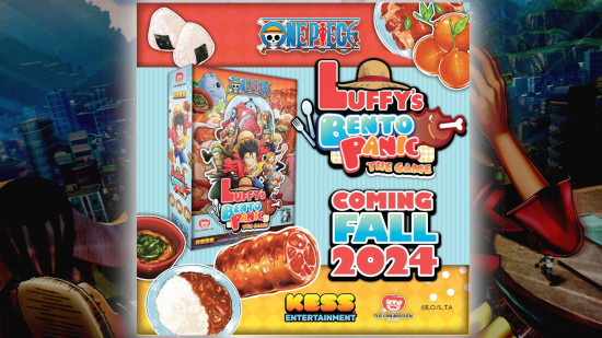 One Piece board game reveal - Kessco image showing the box art and release window text for the new One Piece board game Luffy's Bento Panic, with art showing food, overlaid on One Piece artwork