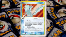 Pokemon card seller accidentally ruins Mew card - Pokemon TCG image showing the Mew Star Delta Series card on a background of Pokemon card backs
