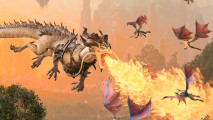 Total War Warhammer 3 is on sale - screenshot of a celestrial dragon breathing gouts of flame over flocking harpies