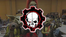 Adepticon logo on background with ork guys