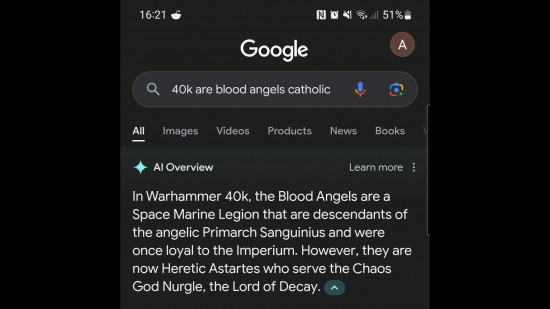 An AI overview provided by Google in response to the question "40k are Blood Angels Catholic?" with the partially correct repsonse saying they're not Catholic, but they are Heretic legionnaires