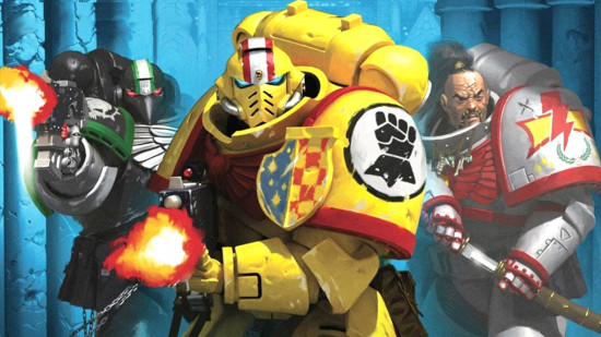 Cover art from the Warhammer 40k book Apocalypse, three Space Marines in colorful power armor - a Ravenguard, Imperial Fist, and White Scar