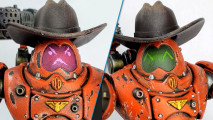 Warhammer 40k Kastelan robots with emoji faces and big cowboy hats