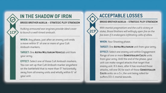 Warhammer 40k Genestealer Cults 10th Edition Brood Brothers rules - Games workshop photo showing the new GSC stratagems In the Shadow of Iron and Acceptable Losses