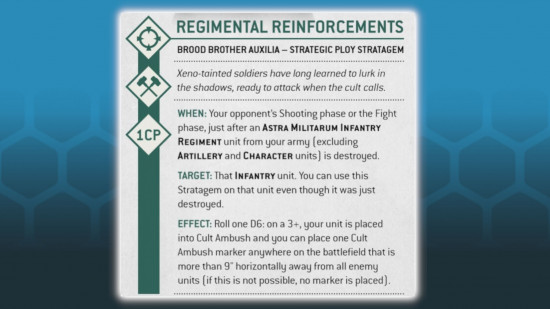 Warhammer 40k Genestealer Cults 10th Edition Brood Brothers rules - Games workshop photo showing the new GSC stratagem Regimental Reinforcements. 