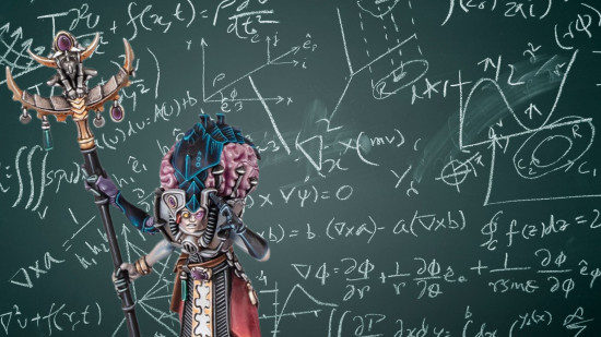 Warhammer 40k is good for your mental health - stock image showing a Genestealer cults miniature with a huge brain, and a blackboard covered with complicated mathematical equations