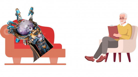 Warhammer 40k is good for your mental health - stock image showing a Genestealer Cults character on a therapist's chair during a session