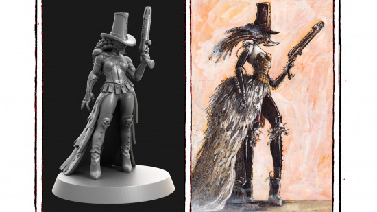 A miniature based on an illustration by Warhammer 40k Artist John Blanche - a woman with a spiked face mask, tall pilgrim hat, corset, enormous bustle and rear petticoat, black boots, and a long-barreled plasma pistol