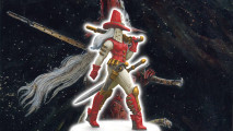 A miniature based on an illustration by Warhammer 40k Artist John Blanche - a woman in clothing similar to a witchhunter, with a wide brimmed conical hat, rifle, sword, thigh high boots, and corset