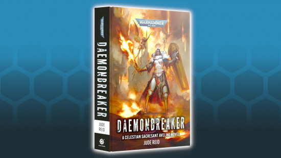 New Warhammer 40k Sisters of Battle hero model - Games Workshop image showing the cover art of the new Black Library 40k novel Daemonbreaker by Jude Reid