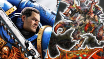 Key art from Warhammer 40k Space Marine 2, Lieutenant Titus, a grim faced Space Marine in blue armor, faces off against an illustration of a Carnifex, a multi-limbed, crablike alien monster