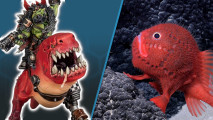 A side by side comparison of a Warhammer 40k squigosaur, and a red 'sea toad', a deep sea fish with a ball shaped body, huge mouth, and two stumpy legs