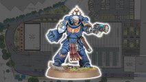 A blue armored Warhammer 40k Space Marine wielding a plasma pistol and power fist, superimposed over Warhammer factory 4 site plans, drafted by Jackson Design Associates