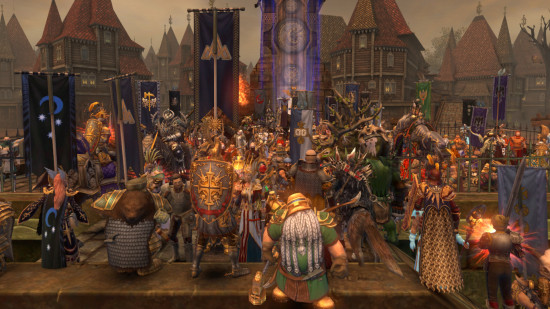 Players gather in the Warhammer MMO Return of Reckoning at the Praag Martyr's Square location to pay respects to Christopher 'Zuna' Buechter