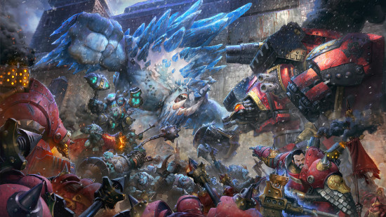 A clash between a Trollblood Ice King colossal and a massive red Khador colossal warjack
