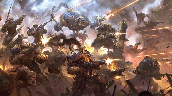 Warmachine art, Cygnar army trenchers with a supporting warjack