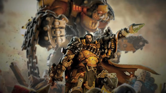 Warmachine key art - a mercenary general stands in front of a huge warjack