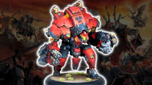 A steam-powered red Warjack robot with twin gattling guns and a giant claw, from Warhammer 40k rival Warmachine