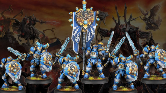 Soldiers with blue armor and lightning swords from Warhammer 40k rival Warmachine