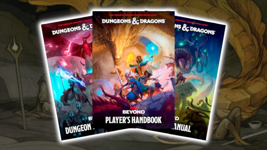 The bright DnD core books against a backdrop of a gold dragon