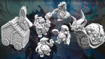 DnD minis humble bundle Dungeons and Monsters - Hayland Terrain photos of STLs for various fantasy models, overlaid on a Wizards of the Coast DnD artwork showing a Warlock