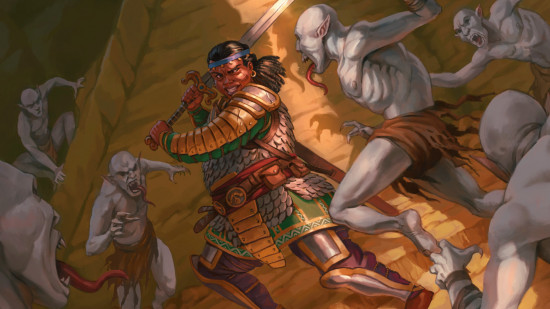 DnD Quests from the Infinite Staircase art of a warrior fending off ghouls