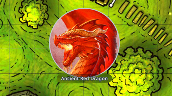 Image of an Ancient Red Dragon token in the DnD virtual tabletop, Maps
