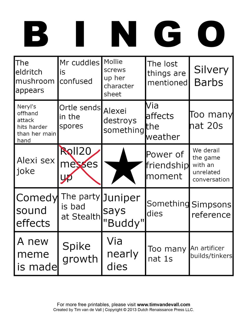 DnD virtual tabletop - photo of a bingo sheet for a D&D campaign