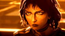 Screenshot from Infinity Paradise Lost - a woman with dark hair and serious golden eyes