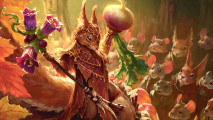 MTG bloomburrow squirrel priest surrounded by a congregation of cute mice and other critters.