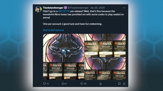 MTG Arena codes guide - Twitter screenshot from TheAsianAvenger showing an MTGA code giveaway post