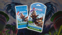 MTG Bloomburrow value boosters - two sky blue booster packs with a happy otter wizard on the front