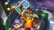 Illustration from the MTG Card 'Trash Bin' by Greg Bobrowski, of a goblin in a yellow jump suit holding a prize found in a trash bin, edited so it's holding a Bloomburrow Value Booster